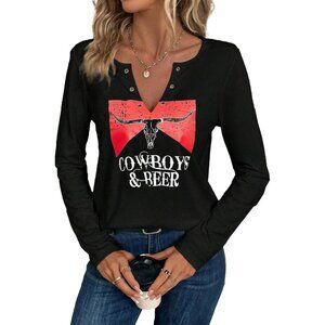 Women's Black 3 Cowgirl Western Graphic Tee Notched Neck Long Sleeve Shirt Top